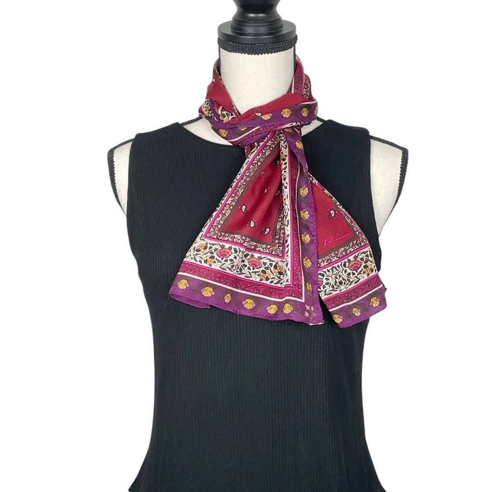 Vintage Anne Klein Womens Burgundy Purple Paisley Floral Silk Scarf Career 52x10